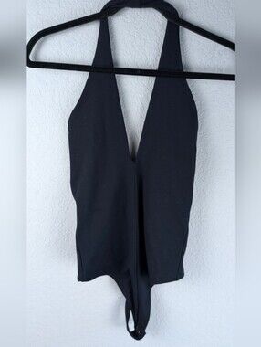 Abercrombie & Fitch Soft A&F Bodysuit Halter Deep V Black XS Thong Stretch Basic